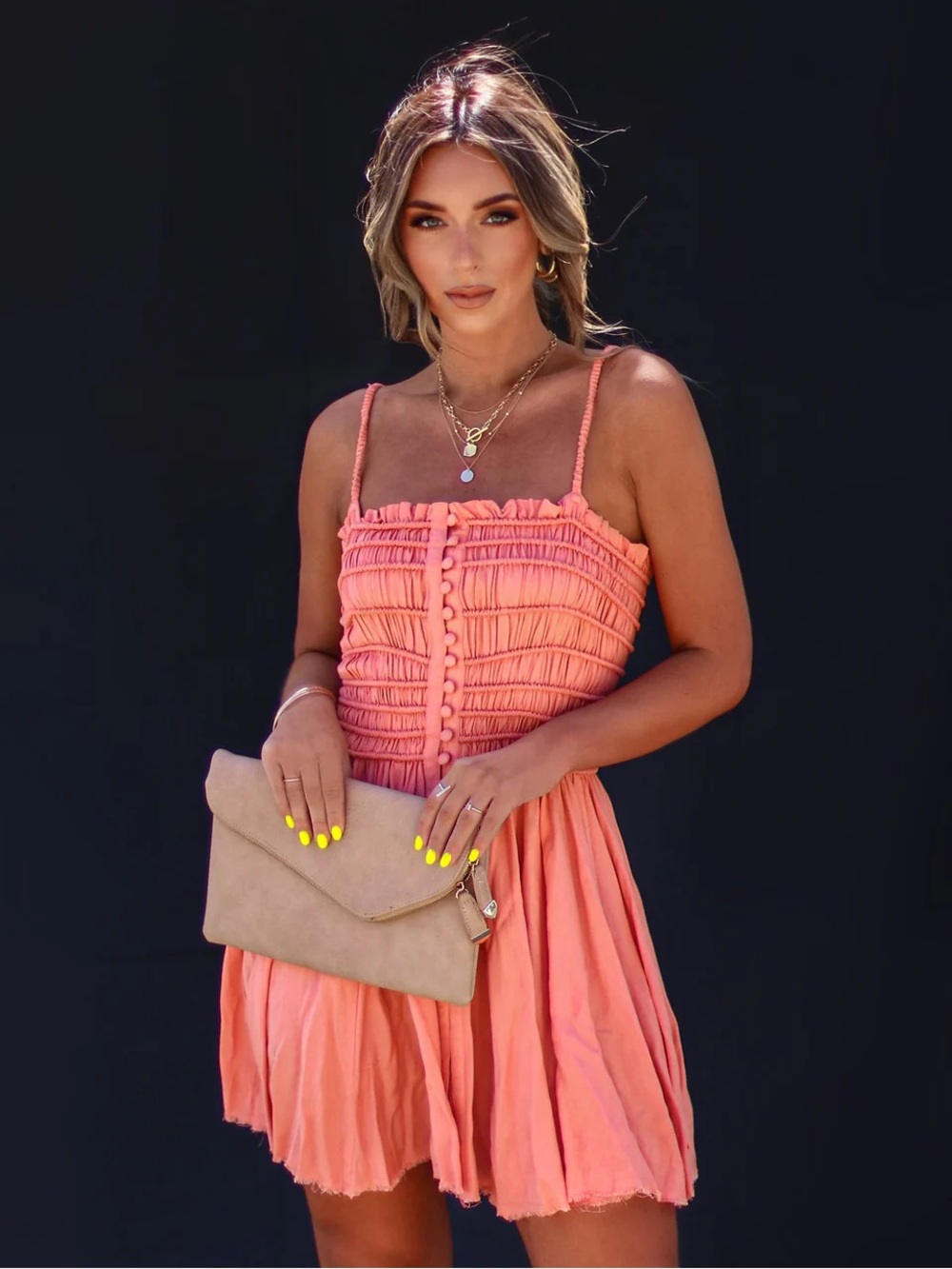 Vici Coral Pink Smocked Ruffle Mini Dress